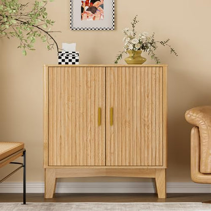 Storage Cabinet with Doors and Adjustable Shelf, Modern Fluted Sideboard Buffet Cabinet, Freestanding Coffee Bar for Kitchen, Pantry, Entryway, Living Room (Natural Oak)