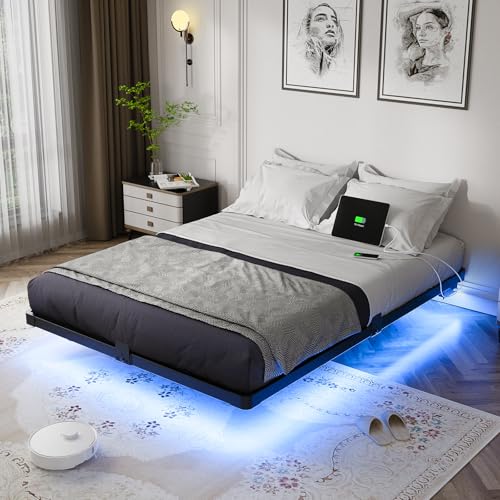 Floating Bed Frame Full Size Metal with LED Light & Charging Station, view 2