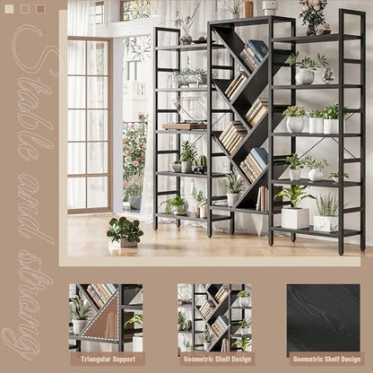 70x70” Triple 5 Tier Book Shelf, Large Wooden Bookcase with 17 Open Display Shelf, Modern Tree Bookshelf Metal Frame Tall Book Case Furniture for Living Room Bedroom Home Office Black