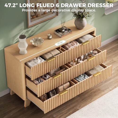 Fluted 6 Drawer Dresser for Bedroom, Modern Chest of Drawers with Metal Handle, view 5