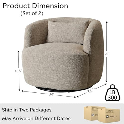34" Wide Boucle Swivel Barrel Chairs Set of 2, No Assembly Round Upholstered Armchairs Accent Chairs Single Sofa Chair with Toss Pillow for Living Room and Bedroom, Taupe