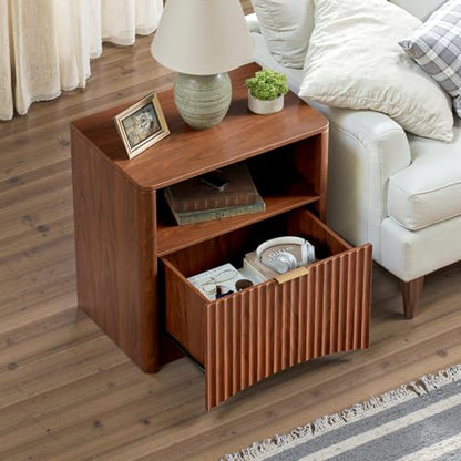 Fluted Nightstand Set of 2, Walnut Bedside Table with Drawer and Storage, Wood End Table Mid Century Modern, Large Night Stand for Bedroom