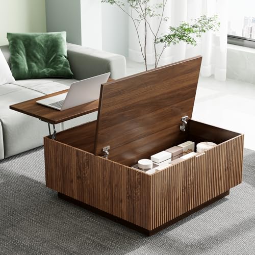 Lift Top Coffee Table, Farmhouse Square Fluted Center Table, 31" Modern Wooden Tea Table with Hidden Storage for Living Room, Apartment, Small Spaces, Brown Walnut