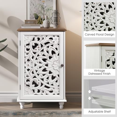Boho Small Buffet Cabinet with Hand-Carved Mandala Door, 17" Coffee Bar Station with Adjustable Shelf, Distressed White Accent Storage Cabinet for Small Spaces, Kitchen, Dining Room