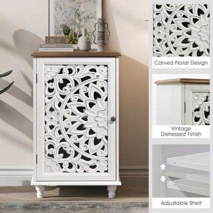 Boho Small Buffet Cabinet with Hand-Carved Mandala Door, 17" Coffee Bar Station with Adjustable Shelf, Distressed White Accent Storage Cabinet for Small Spaces, Kitchen, Dining Room