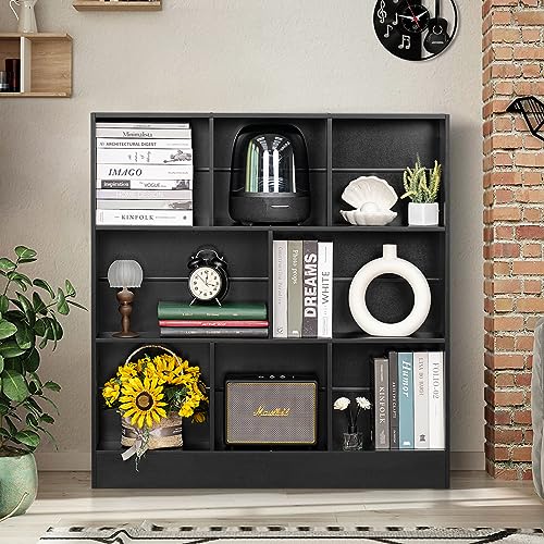 Black Wide Bookshelf,3 Tier Modern Horizontal Bookcase,Wood Low Bookshelves Display Storage Cabinet with Base,Floor Standing 8 Cube Large Bookcases Organizer for Bedroom,Living Room,Office