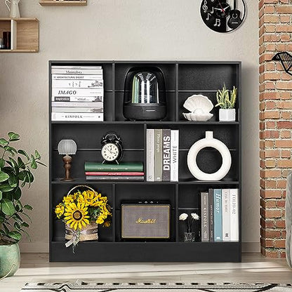 Black Wide Bookshelf,3 Tier Modern Horizontal Bookcase,Wood Low Bookshelves Display Storage Cabinet with Base,Floor Standing 8 Cube Large Bookcases Organizer for Bedroom,Living Room,Office
