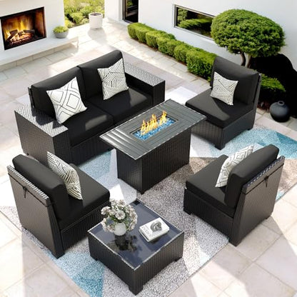 7 Piece Patio Furniture Set with Fire Pit Table, Outdoor Sectional Conversation Sets Black Wicker Rattan Sofa with Coffee Table for Patio Garden Backyard, 4'' Thickened Cushion Black