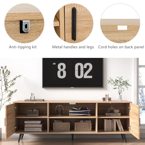 Mid Century Modern TV Stand, 70" for 75" TV, Wood with Storage, view 6