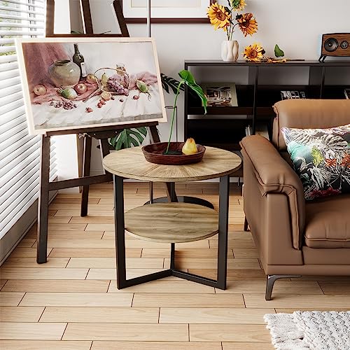 Round Side Table, Large 2-Tier End Table Nightstand with Metal Legs, Modern Bedside Couch Table for Living Room, Bedroom, Office, Rustic Natural/Black, 25.2 x 25.2 x 24 inches CJZ-1338