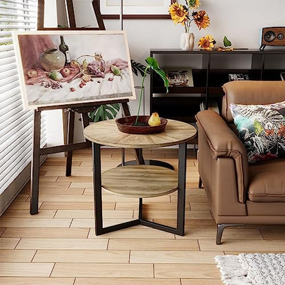 Round Side Table, Large 2-Tier End Table Nightstand with Metal Legs, Modern Bedside Couch Table for Living Room, Bedroom, Office, Rustic Natural/Black, 25.2 x 25.2 x 24 inches CJZ-1338