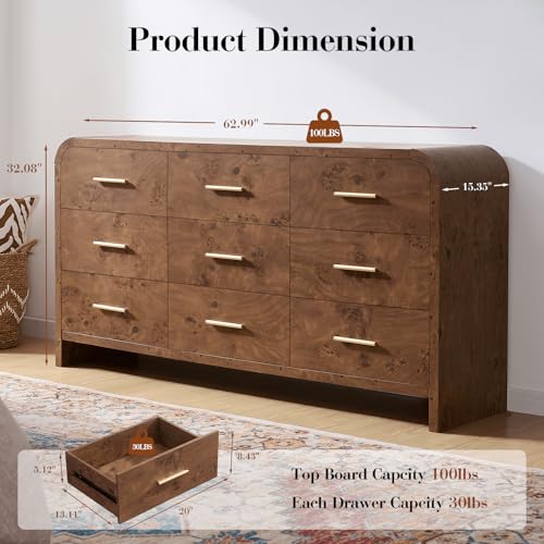 Curved Drawer Dresser for Bedroom with 9 Drawers, 63'' Wide Chest of Drawer, view 3