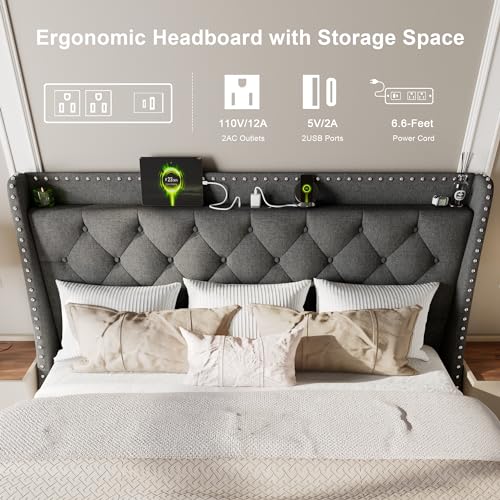 King Size Bed Frame with Luxury Wingback and Fast Charging Station, view 6