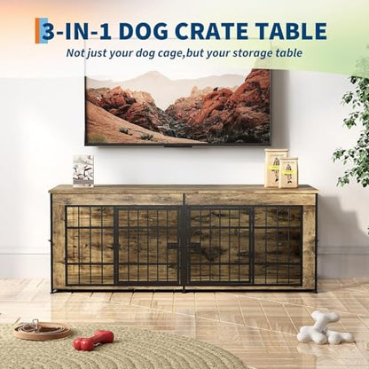 63" Large Wooden Dog Crate Furniture for 2 Dogs, Brown, view 5