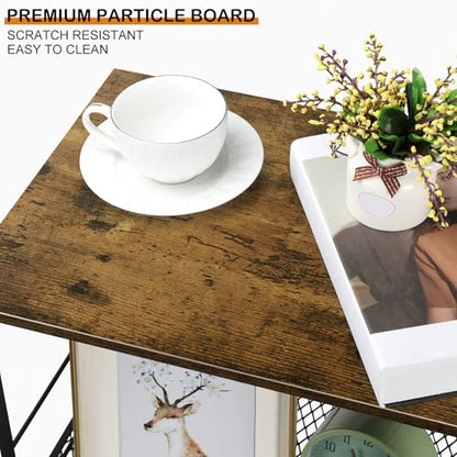 Side Table Small with Wheels Industrial Night Stand Storage Shelf 3 Tier Wood End Table with Metal Frame for Small Space Living Room Bedroom Kitchen Office