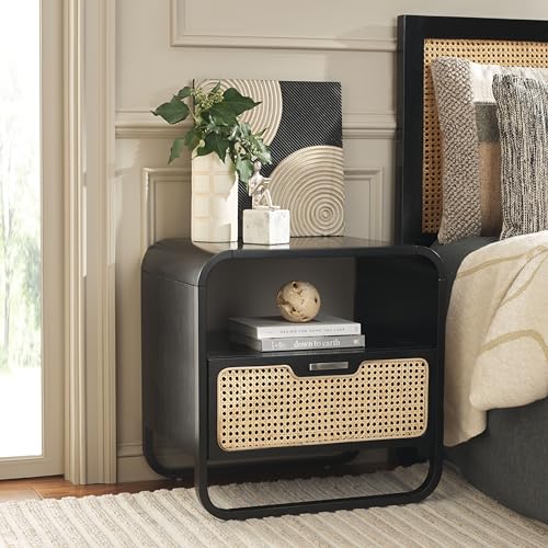 SAFAVIEH Home Collection Yates Black/Natural Rattan 1-Drawer Nightstand Bedside Accent Table (Fully Assembled)