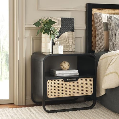 SAFAVIEH Home Collection Yates Black/Natural Rattan 1-Drawer Nightstand Bedside Accent Table (Fully Assembled)