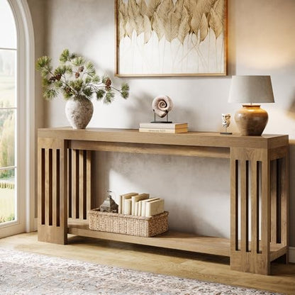 Tribesigns 70.9-Inch Extra Long Entryway Table, Farmhouse Sofa Console Table with Vertical Stripe Legs, 2-Tier Entry Furniture for Living Room, Hallway, Entrance (Light Brown)