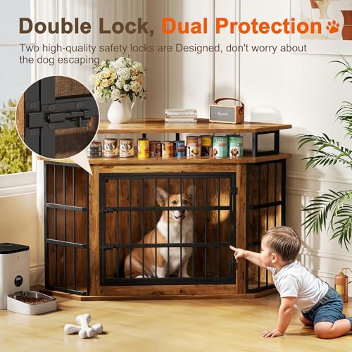51" Corner Dog Crate Furniture Large Wooden Dog Kennel Indoor Dog House, view 5