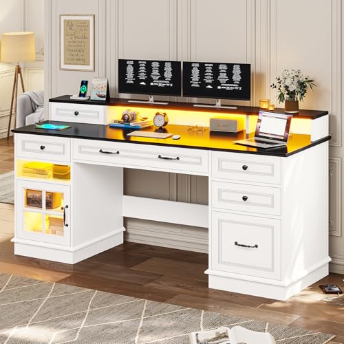 59.1" Executive Desk with File Drawer, Charging Station, White, view 7
