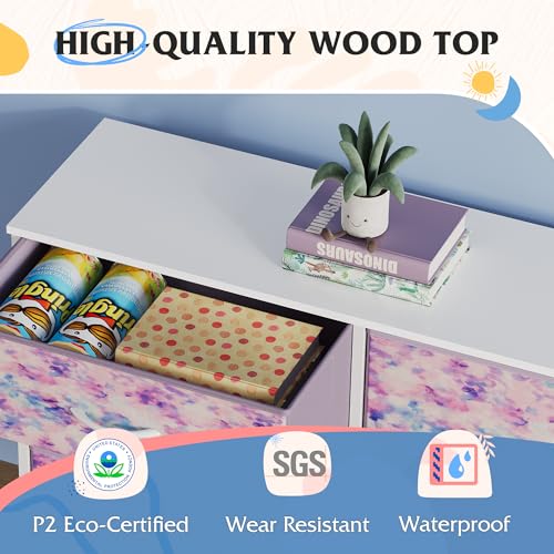 Dresser for Bedroom with 5 Drawers, Wide Chest of Drawers for Bedroom, Fabric Dresser for Living Room, Closet, Hallway, Tie-dye Print (Pink, Purple, Blue)