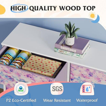Dresser for Bedroom with 5 Drawers, Wide Chest of Drawers for Bedroom, Fabric Dresser for Living Room, Closet, Hallway, Tie-dye Print (Pink, Purple, Blue)