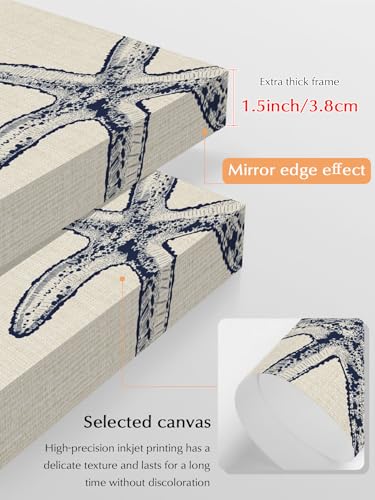 NuYeBiofx Rustic Blue Starfish on Vintage Linen Canvas Wall Art Prints,40"x28" Framed Picture Artwork Marine Life Printed Canvas Oil Painting for Living Room Bedroom Office,Ready to Hang
