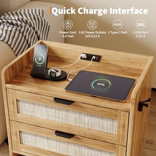 GAOMON Rattan Nightstand Set of 2, Modern Bedside Table with Type-c Charging, 2 Drawer Storage for Bedroom, Office & Living Room，Oak