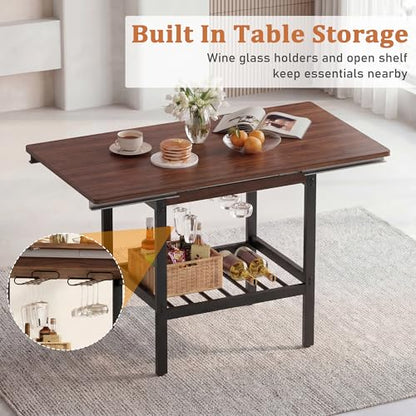 Extendable 6-Piece Breakfast Nook Set with Storage Benches & Stools, Corner Dining Table Set with Wine Glass Holder, Space-Saving Kitchen Table for Indoor/Outdoor Use (Walnut)