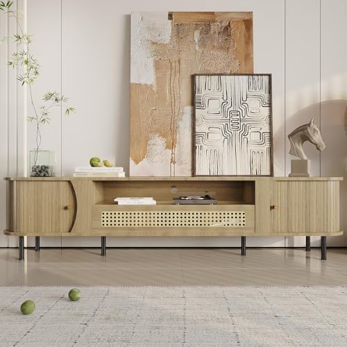 79"Fluted TV Stand with Sliding Doors, TV Consoles for Living Room,Oak, view 2