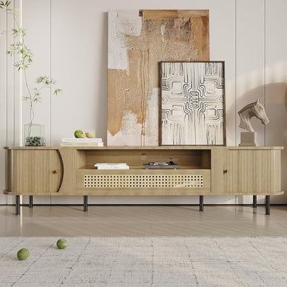 79"Fluted TV Stand with Sliding Doors, TV Consoles for Living Room,Oak, view 2