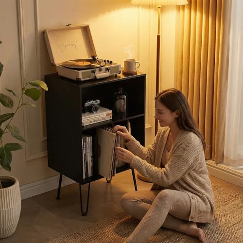 Record Player Stand with Vinyl Storage, Black, view 5