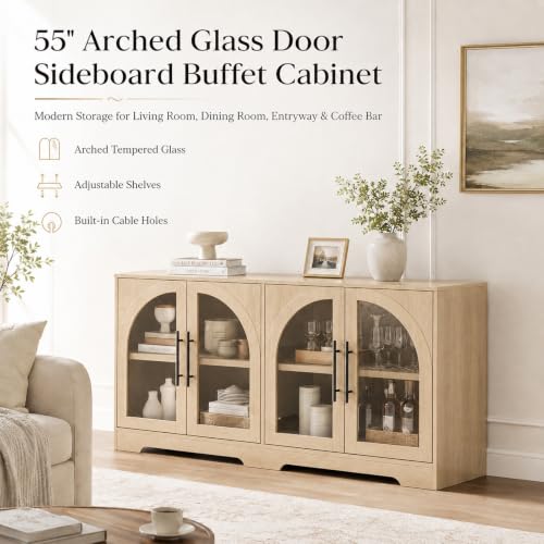 Sideboard Buffet Cabinet with Arched Glass Doors, Adjustable Shelves, view 4