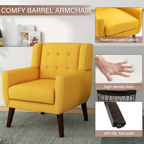 Accent Chair Mid Century Modern Armchair,Comfy Single Sofa for Living Room,Button Tufted Armrest Reading Seat Bedroom Side Sitting for Home Office,Recliner Chair, Home Theater Seating,Yellow