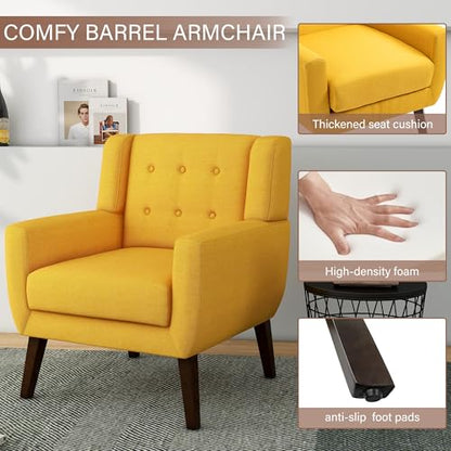 Accent Chair Mid Century Modern Armchair,Comfy Single Sofa for Living Room,Button Tufted Armrest Reading Seat Bedroom Side Sitting for Home Office,Recliner Chair, Home Theater Seating,Yellow