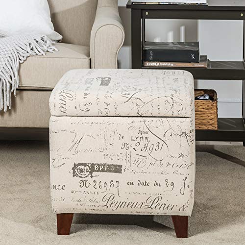 Fabric Script Pattern Cube Storage Footstool, Hinged Lid, Solid Wood Legs, 18" Height Ottomans & Storage Ottomans, Cream White