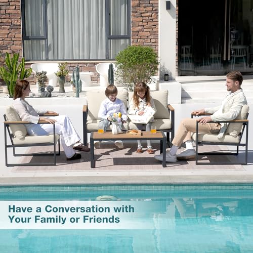 Patio Furniture Set, 4 Pieces Outdoor Patio Furniture with Coffee Table Set, Metal Patio Conversation Sets with Washable and High-Resiliency Sponge Cushions, Upgarded Beige