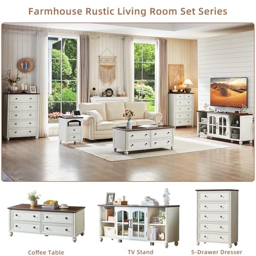 48" Farmhouse Coffee Table with Hidden Storage,Wooden Coffee Tables with 4 Drawers & Roman Column Handle,Rectangular Rustic Center Table with Solid Wood Curved Base for Living Room,Office,White
