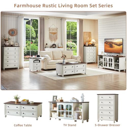 48" Farmhouse Coffee Table with Hidden Storage,Wooden Coffee Tables with 4 Drawers & Roman Column Handle,Rectangular Rustic Center Table with Solid Wood Curved Base for Living Room,Office,White