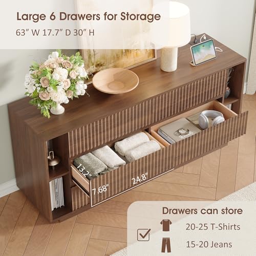 63 Inch Fluted 6 Drawers Dresser with Shelves, Walnut, view 5