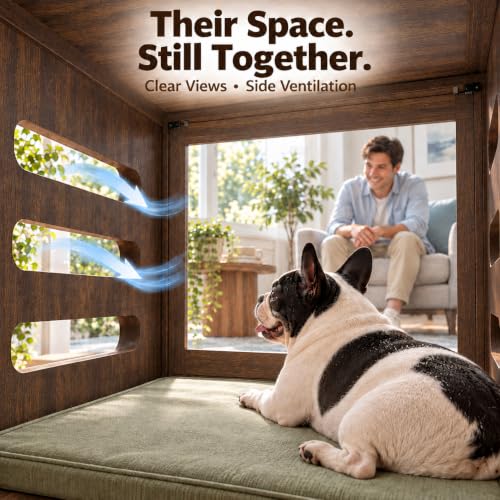 Small Dog Crate Furniture with Flip-Up Glass Door & Lockable Wheels, view 7