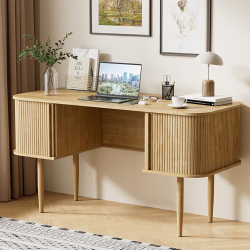 55" Modern Writing Desk with Sliding Doors, Wood Home Office Desk with Storage, Computer Desk for Study, Living Room, Dorm, Natural
