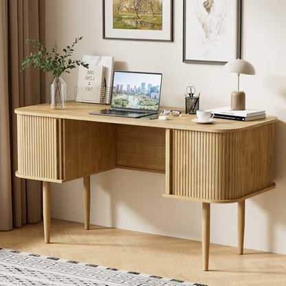 55" Modern Writing Desk with Sliding Doors, Wood Home Office Desk with Storage, Computer Desk for Study, Living Room, Dorm, Natural