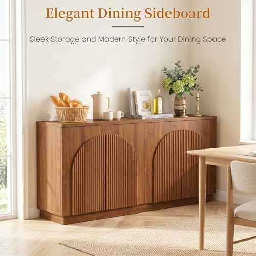 55" Fluted Sideboard Buffet Cabinet with Storage, Wood Mid Century Modern Credenza Cabinet w/Arched Reeded Doors & Adjustable Shelves for Kitchen, Living Room, Entryway, Walnut