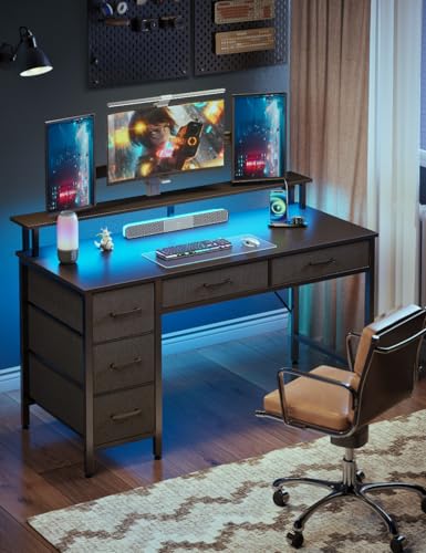 Computer Desk with Drawers, 55 Inch Desk with Drawers Home Office Desks, Computer Desk Office Desk with Power Outlets & LED Light, Monitor Stand Work Table Black