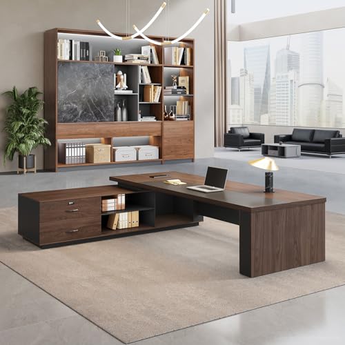 63" Reversible L-Shaped Executive Desk with Locking Drawers, Compact Office Desk for Home & Manager Office, Power Outlet, USB Ports, Storage Shelves, Privacy Panel & LED Light, Walnut Gray