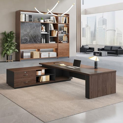 63" Reversible L-Shaped Executive Desk with Locking Drawers, Compact Office Desk for Home & Manager Office, Power Outlet, USB Ports, Storage Shelves, Privacy Panel & LED Light, Walnut Gray