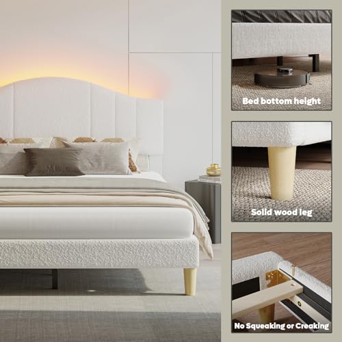 Queen Upholstered Bed Frame, Arc LED Headboard, White Fabric, view 5
