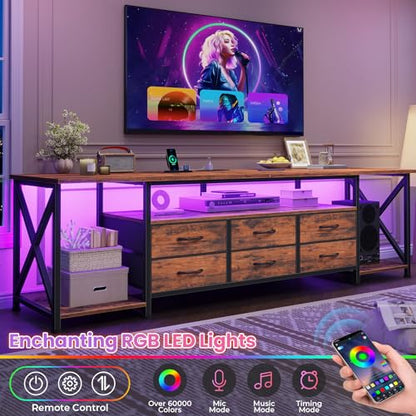 TV Stand with LED Lights & Power Outlets, for TVs up to 85 Inches, 6 Drawers Entertainment Center with Open Storage Shelves, 71" TV Media Console Table for Living Room, Bedroom, Rustic Brown