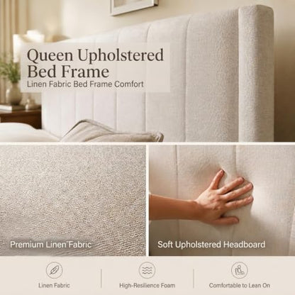 Queen Modern Upholstered Platform Bed Frame with Headboard, Beige, view 6